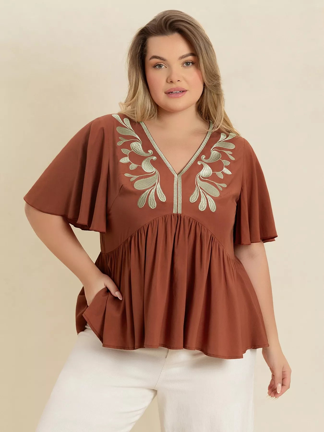 Plus Size Embroidered V-Neck Flutter Sleeve Blouse-Blouses-Trendsi-[option4]-[option5]-[option6]-[option7]-[option8]-Shop-Boutique-Clothing-for-Women-Online