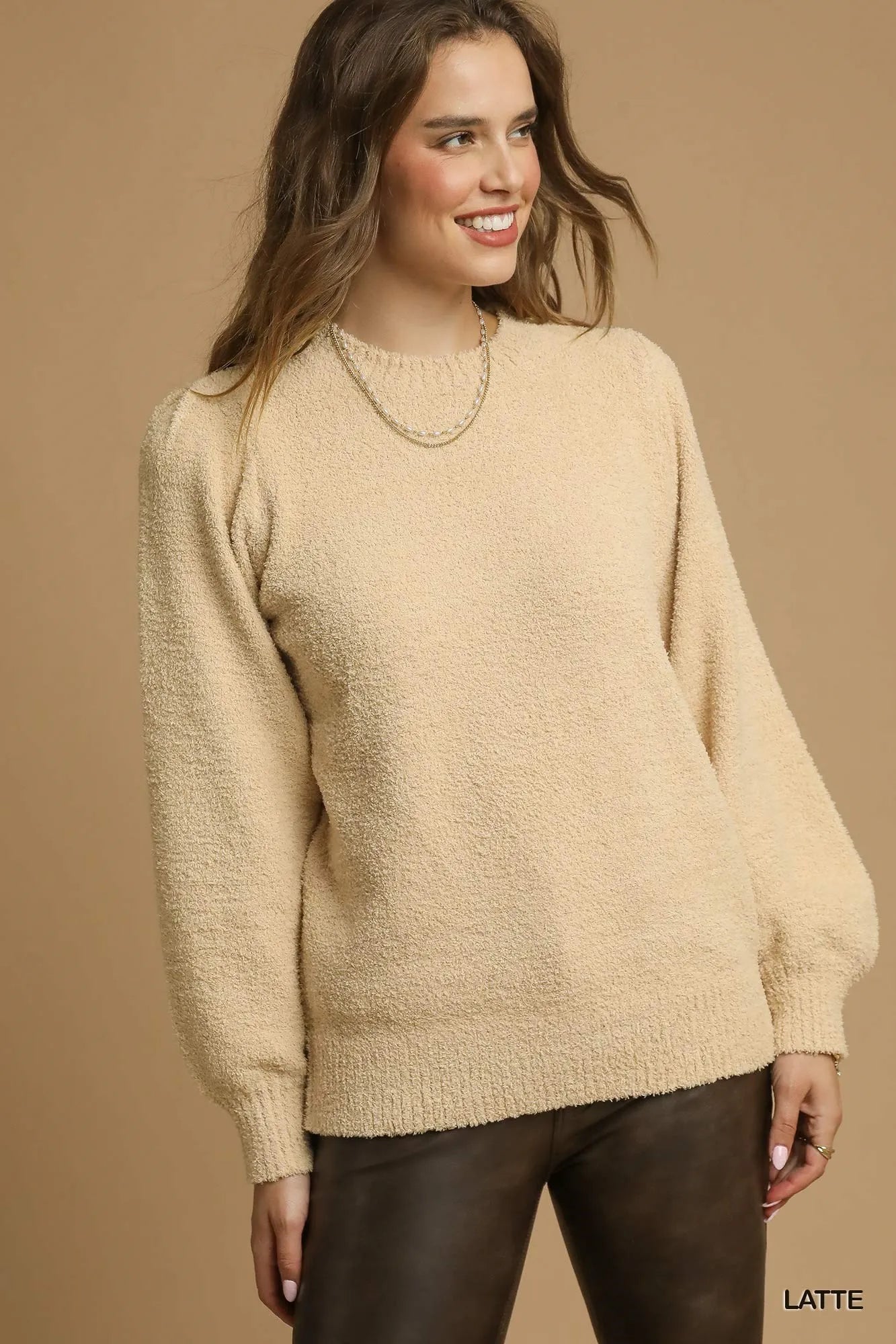 Umgee Textured Long Sleeve Sweater with Ribbed Trim-Sweaters-Trendsi-LATTE-S-[option4]-[option5]-[option6]-[option7]-[option8]-Shop-Boutique-Clothing-for-Women-Online