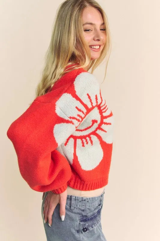 Davi & Dani Flower Contrast Round Neck Long Sleeve Cardigan-cardigan-Trendsi-[option4]-[option5]-[option6]-[option7]-[option8]-Shop-Boutique-Clothing-for-Women-Online