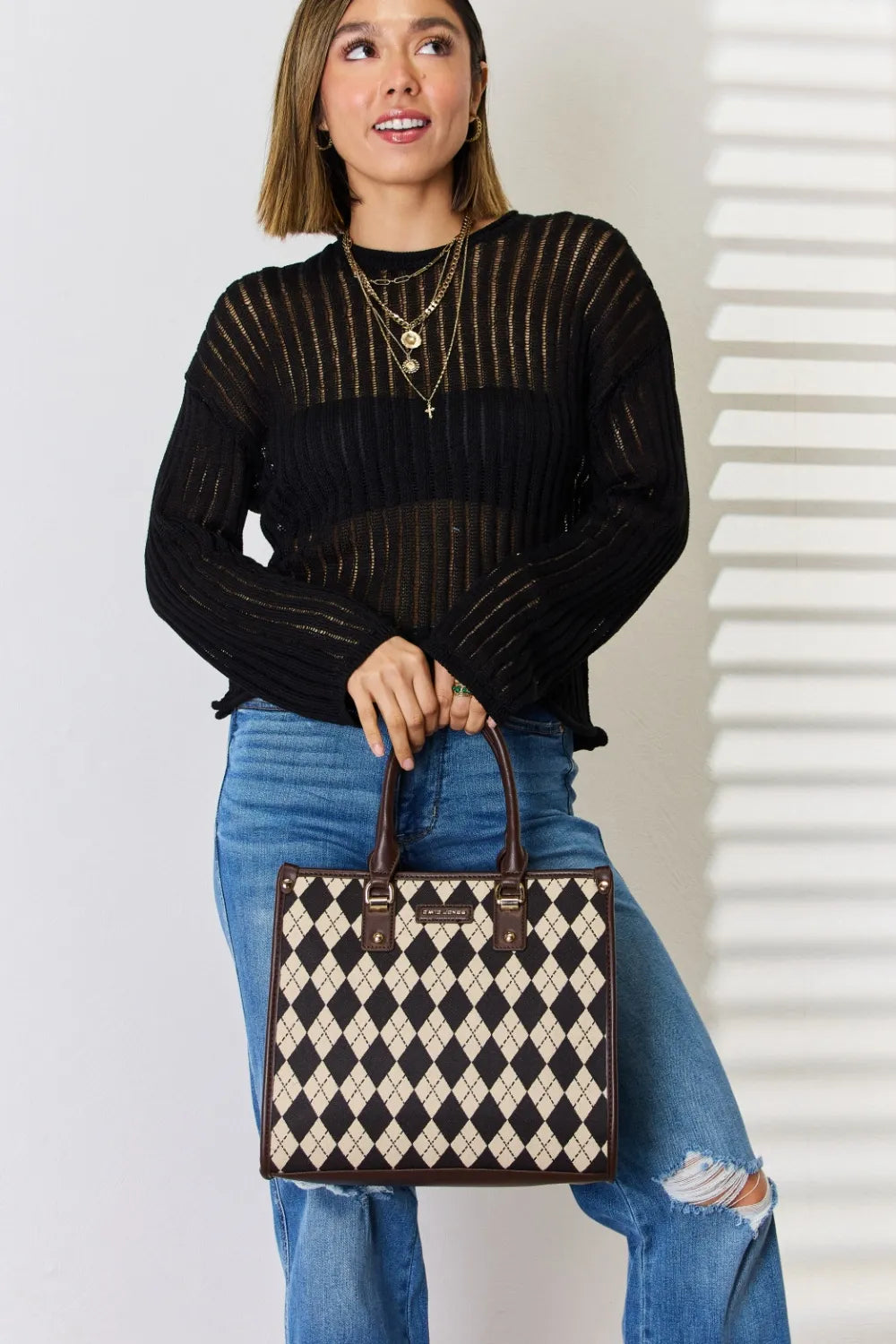 David Jones Argyle Pattern PU Leather Handbag-Bags-Trendsi-Chocolate-One Size-[option4]-[option5]-[option6]-[option7]-[option8]-Shop-Boutique-Clothing-for-Women-Online