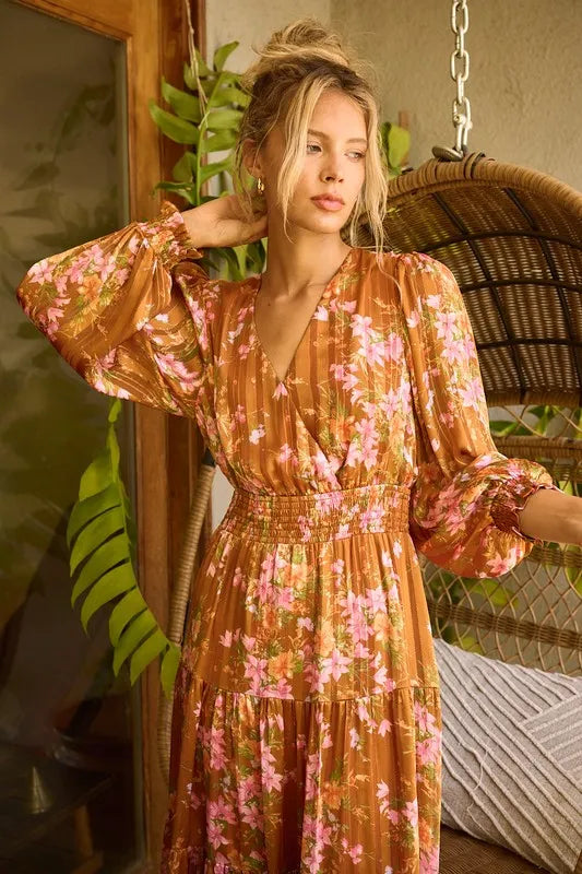 Mittoshop Flower Print Satin Lurex Stripe Smocked Midi Dress-Dresses-Trendsi-Terracotta-S-[option4]-[option5]-[option6]-[option7]-[option8]-Shop-Boutique-Clothing-for-Women-Online