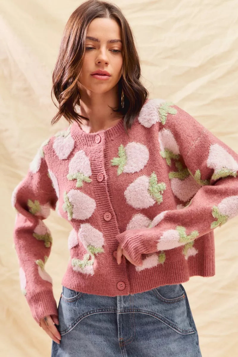 SO ME Strawberry Fruit All Over Button Sweater Cardigan-Cardigan-Trendsi-[option4]-[option5]-[option6]-[option7]-[option8]-Shop-Boutique-Clothing-for-Women-Online