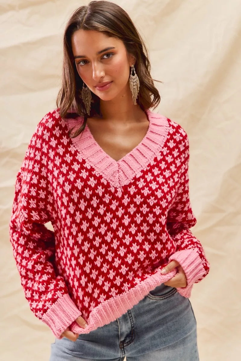 SO ME Color Block Textured Christmas Sweater V Neck Top-Sweaters-Trendsi-RED/PINK-S-[option4]-[option5]-[option6]-[option7]-[option8]-Shop-Boutique-Clothing-for-Women-Online