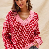 SO ME Color Block Textured Christmas Sweater V Neck Top-Sweaters-Trendsi-RED/PINK-S-[option4]-[option5]-[option6]-[option7]-[option8]-Shop-Boutique-Clothing-for-Women-Online