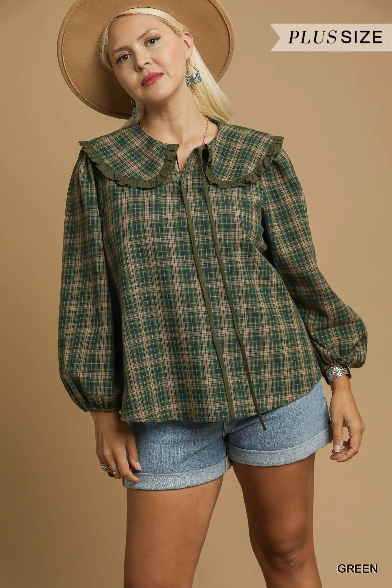 Umgee Full Size Plaid Ruffle Collar Blouse-Blouses-Trendsi-[option4]-[option5]-[option6]-[option7]-[option8]-Shop-Boutique-Clothing-for-Women-Online