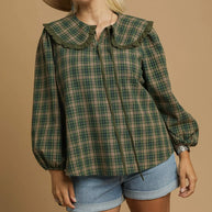 Umgee Full Size Plaid Ruffle Collar Blouse-Blouses-Trendsi-[option4]-[option5]-[option6]-[option7]-[option8]-Shop-Boutique-Clothing-for-Women-Online