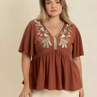 Plus Size Embroidered V-Neck Flutter Sleeve Blouse-Blouses-Trendsi-Caramel-0XL-[option4]-[option5]-[option6]-[option7]-[option8]-Shop-Boutique-Clothing-for-Women-Online