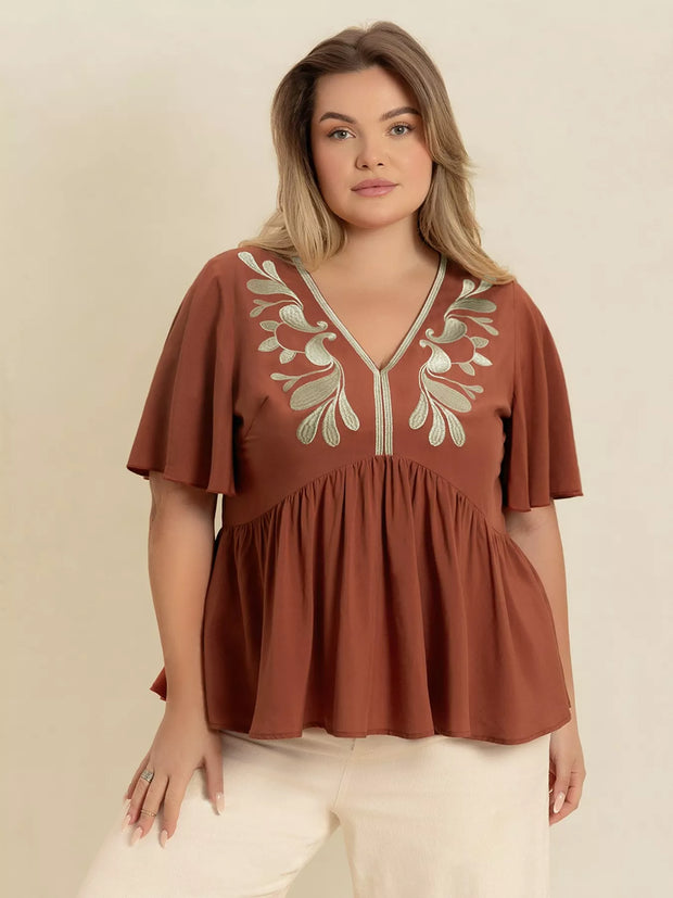 Plus Size Embroidered V-Neck Flutter Sleeve Blouse-Blouses-Trendsi-Caramel-0XL-[option4]-[option5]-[option6]-[option7]-[option8]-Shop-Boutique-Clothing-for-Women-Online