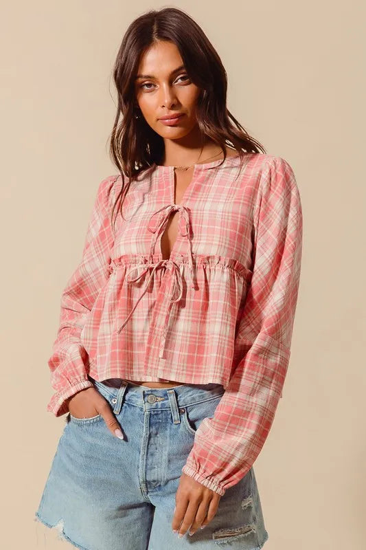SO ME Front Tie Checkered Plaid Blouse-Blouses-Trendsi-PINK COMBO-S-[option4]-[option5]-[option6]-[option7]-[option8]-Shop-Boutique-Clothing-for-Women-Online