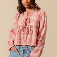 SO ME Front Tie Checkered Plaid Blouse-Blouses-Trendsi-PINK COMBO-S-[option4]-[option5]-[option6]-[option7]-[option8]-Shop-Boutique-Clothing-for-Women-Online
