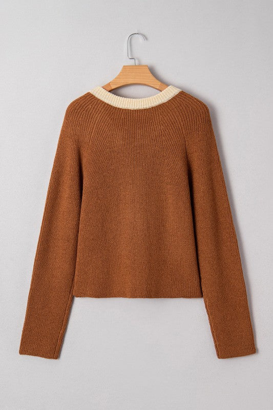 Contrast Trim Buttoned V-Neck Cropped Cardigan-JUNIPER BLVD-[option4]-[option5]-[option6]-[option7]-[option8]-Shop-Boutique-Clothing-for-Women-Online