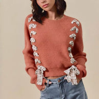 SO ME Checkered Plaid Tape Lace Up Ribbed Sweater-sweater-Trendsi-RUST-S-[option4]-[option5]-[option6]-[option7]-[option8]-Shop-Boutique-Clothing-for-Women-Online