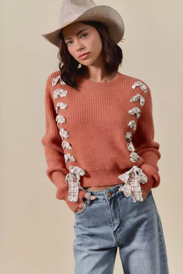 SO ME Checkered Plaid Tape Lace Up Ribbed Sweater-sweater-Trendsi-RUST-S-[option4]-[option5]-[option6]-[option7]-[option8]-Shop-Boutique-Clothing-for-Women-Online