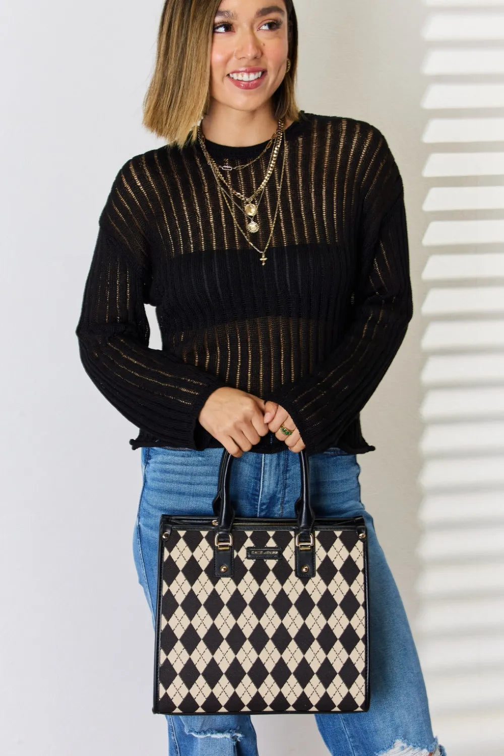 David Jones Argyle Pattern PU Leather Handbag-Bags-Trendsi-[option4]-[option5]-[option6]-[option7]-[option8]-Shop-Boutique-Clothing-for-Women-Online