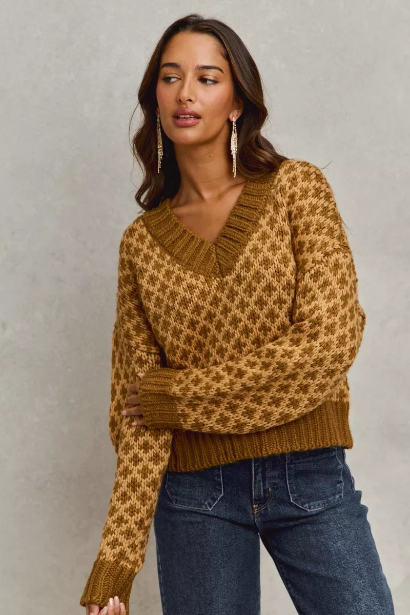 SO ME Color Block Textured Christmas Sweater V Neck Top-Sweaters-Trendsi-[option4]-[option5]-[option6]-[option7]-[option8]-Shop-Boutique-Clothing-for-Women-Online