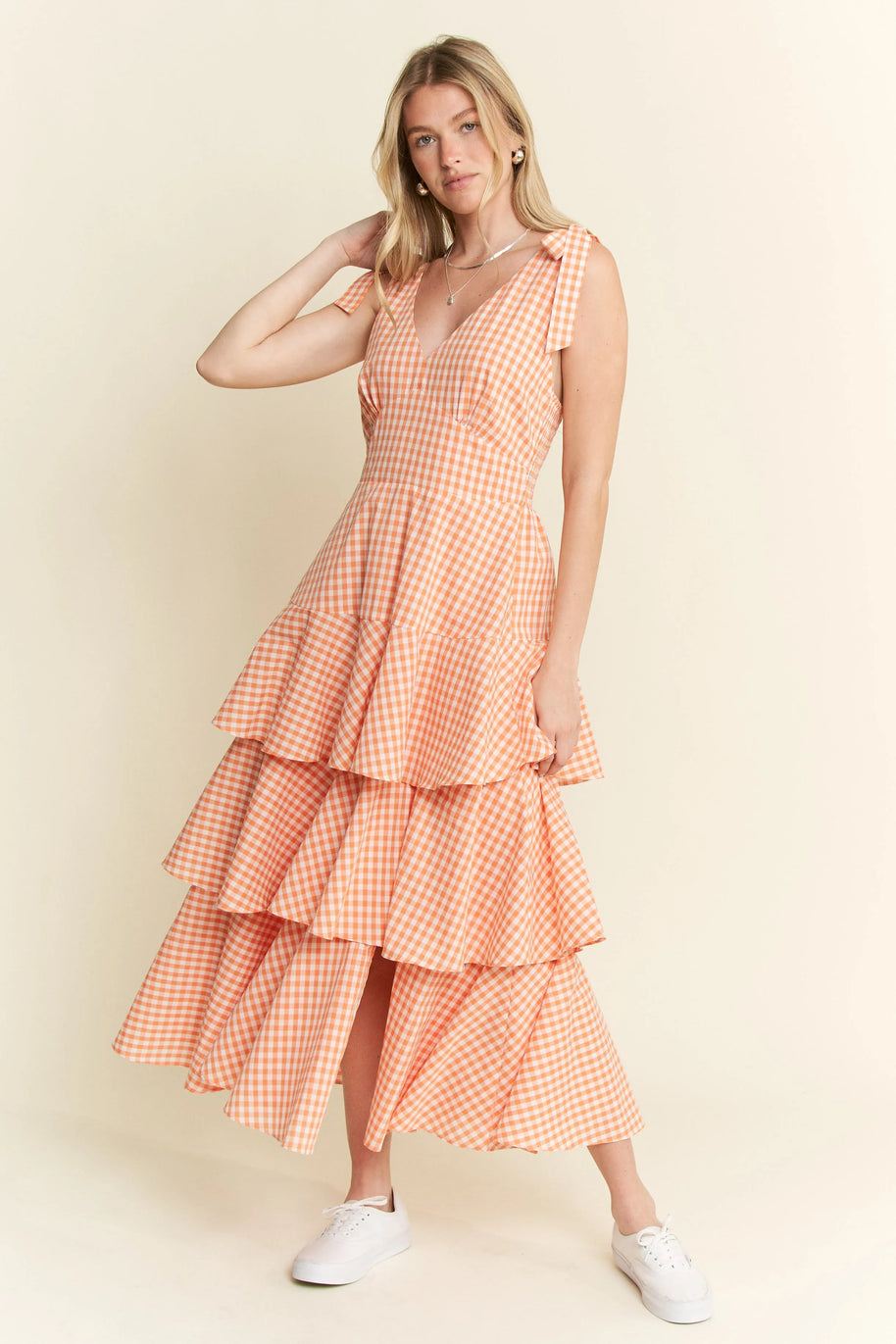 Jade By Jane Sleeveless Gingham Print Tiered Midi Dress-Dresses-Trendsi-ORANGE-S-[option4]-[option5]-[option6]-[option7]-[option8]-Shop-Boutique-Clothing-for-Women-Online
