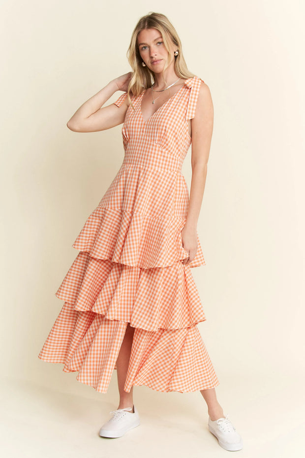 Jade By Jane Sleeveless Gingham Print Tiered Midi Dress-Dresses-Trendsi-ORANGE-S-[option4]-[option5]-[option6]-[option7]-[option8]-Shop-Boutique-Clothing-for-Women-Online