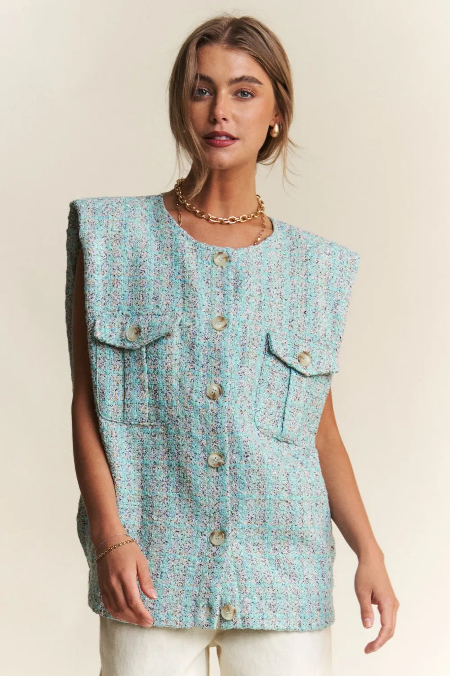 J.NNA Frayed Tweed Padded Shoulder Vest-Vest-Trendsi-[option4]-[option5]-[option6]-[option7]-[option8]-Shop-Boutique-Clothing-for-Women-Online