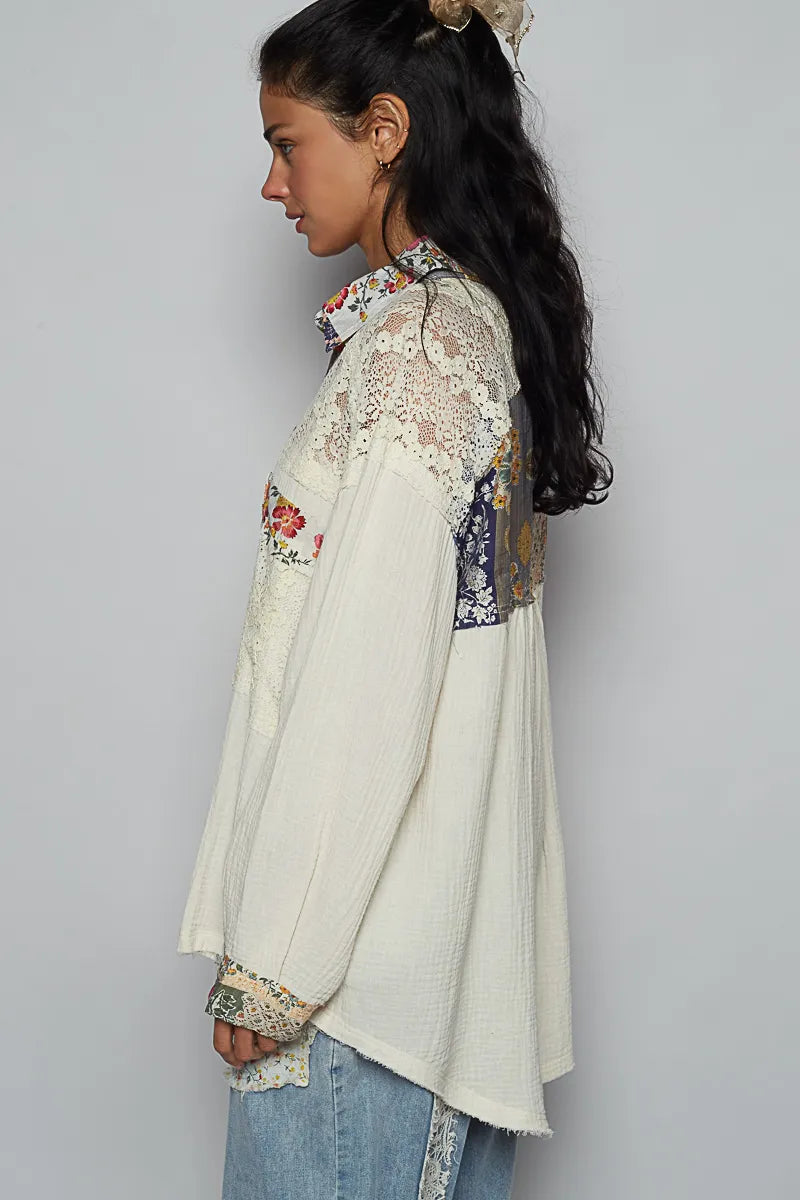 POL Lace Patchwork Floral Trim Long Sleeve Shirt-Shirts-Trendsi-[option4]-[option5]-[option6]-[option7]-[option8]-Shop-Boutique-Clothing-for-Women-Online