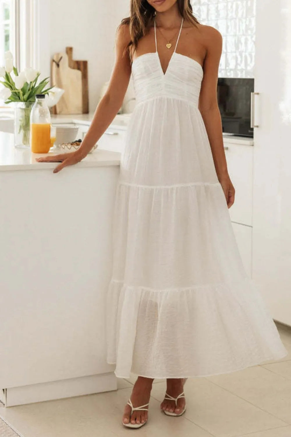 Tiered Halter Neck Printed Cami Dress-Dresses-Trendsi-White-S-[option4]-[option5]-[option6]-[option7]-[option8]-Shop-Boutique-Clothing-for-Women-Online