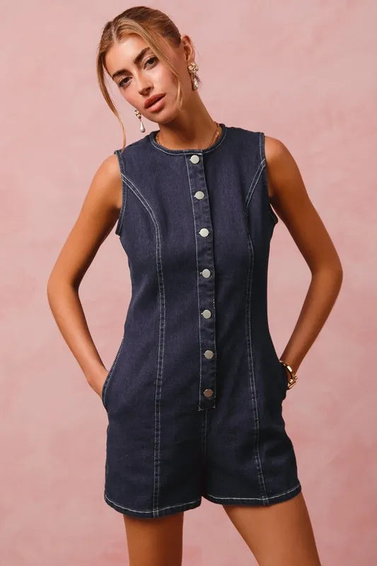 SO ME Button Up Front Washed Denim Sleeveless Romper-Rompers-Trendsi-[option4]-[option5]-[option6]-[option7]-[option8]-Shop-Boutique-Clothing-for-Women-Online