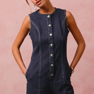 SO ME Button Up Front Washed Denim Sleeveless Romper-Rompers-Trendsi-[option4]-[option5]-[option6]-[option7]-[option8]-Shop-Boutique-Clothing-for-Women-Online