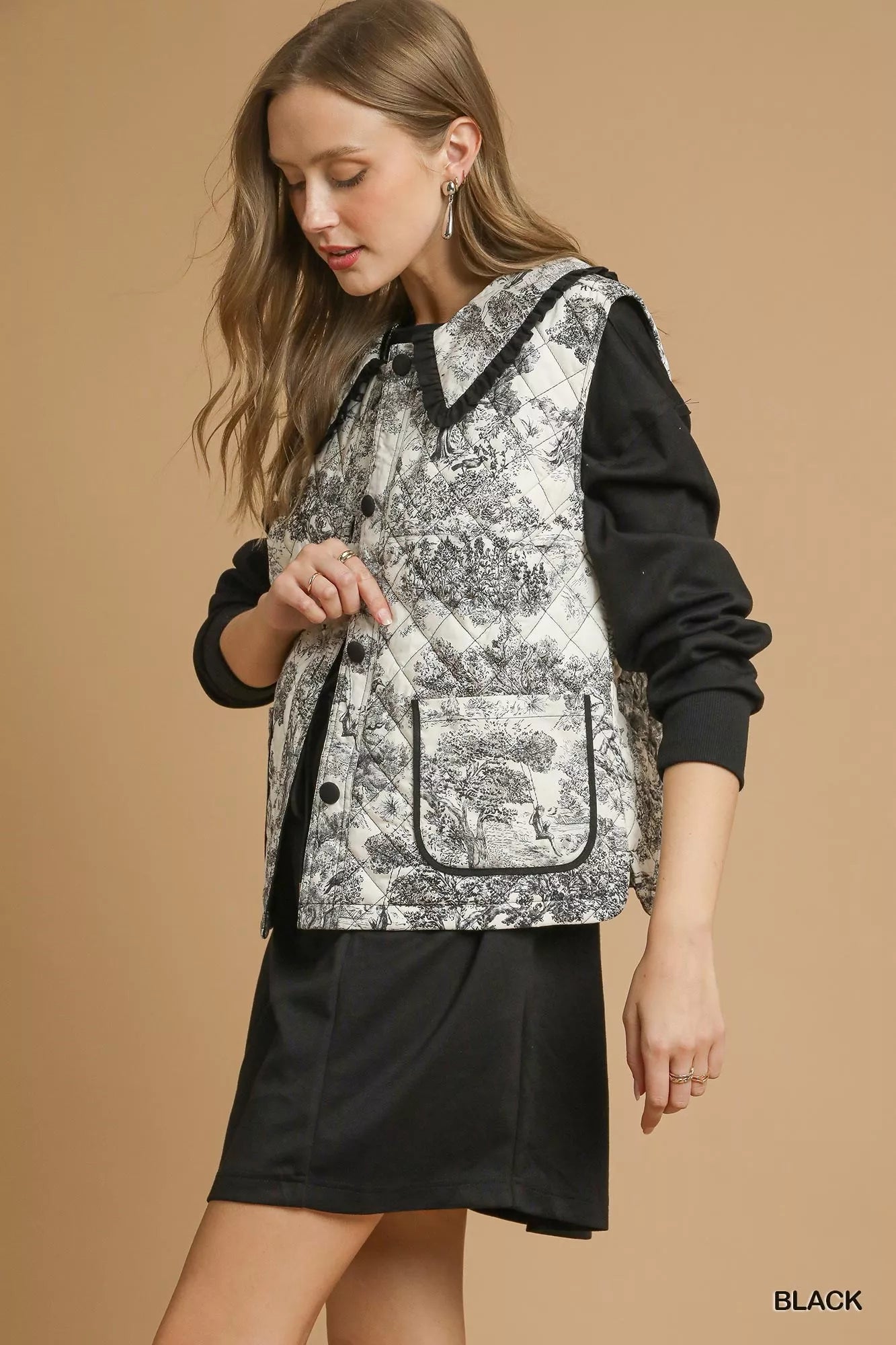 Umgee Toile Quilted Vest with Ruffle Collar-Vest-Trendsi-[option4]-[option5]-[option6]-[option7]-[option8]-Shop-Boutique-Clothing-for-Women-Online