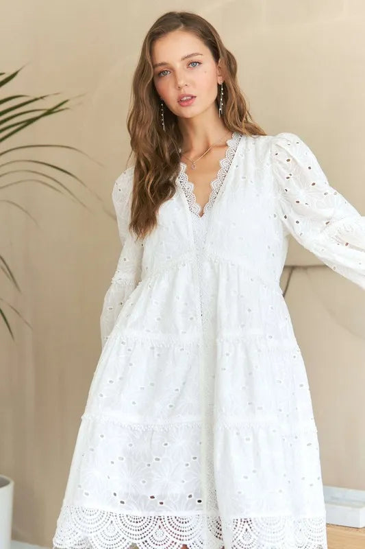 ADORA Lace Detail Tiered Eyelet V-Neck Babydoll Dress-Dresses-Trendsi-White-S-[option4]-[option5]-[option6]-[option7]-[option8]-Shop-Boutique-Clothing-for-Women-Online