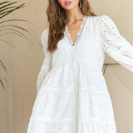 ADORA Lace Detail Tiered Eyelet V-Neck Babydoll Dress-Dresses-Trendsi-White-S-[option4]-[option5]-[option6]-[option7]-[option8]-Shop-Boutique-Clothing-for-Women-Online