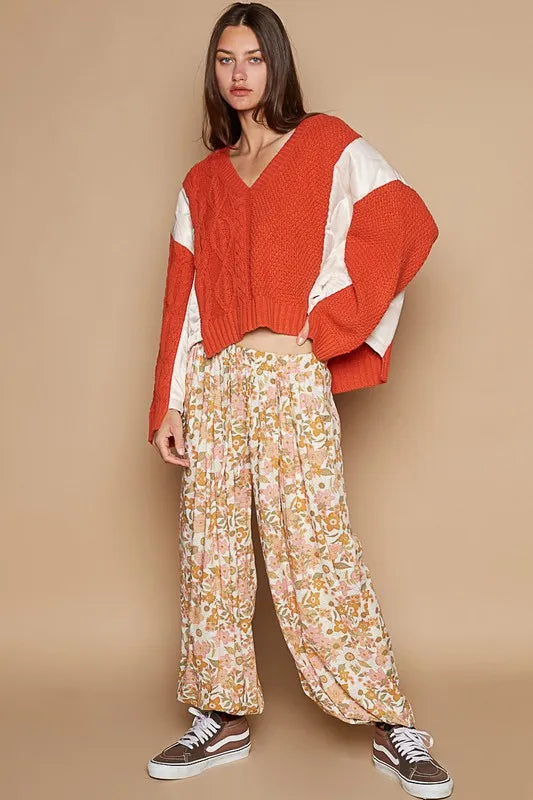 POL Cable Knit Quilting Patch V-Neck Contrast Sweater-Sweaters-Trendsi-[option4]-[option5]-[option6]-[option7]-[option8]-Shop-Boutique-Clothing-for-Women-Online