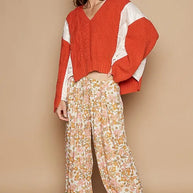 POL Cable Knit Quilting Patch V-Neck Contrast Sweater-Sweaters-Trendsi-[option4]-[option5]-[option6]-[option7]-[option8]-Shop-Boutique-Clothing-for-Women-Online