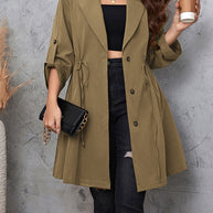 Honey Plus Size Lapel Collar Drawstring Roll-Tab Sleeve Trench Coat-Coats & Jackets-Trendsi-Mocha-1XL-[option4]-[option5]-[option6]-[option7]-[option8]-Shop-Boutique-Clothing-for-Women-Online