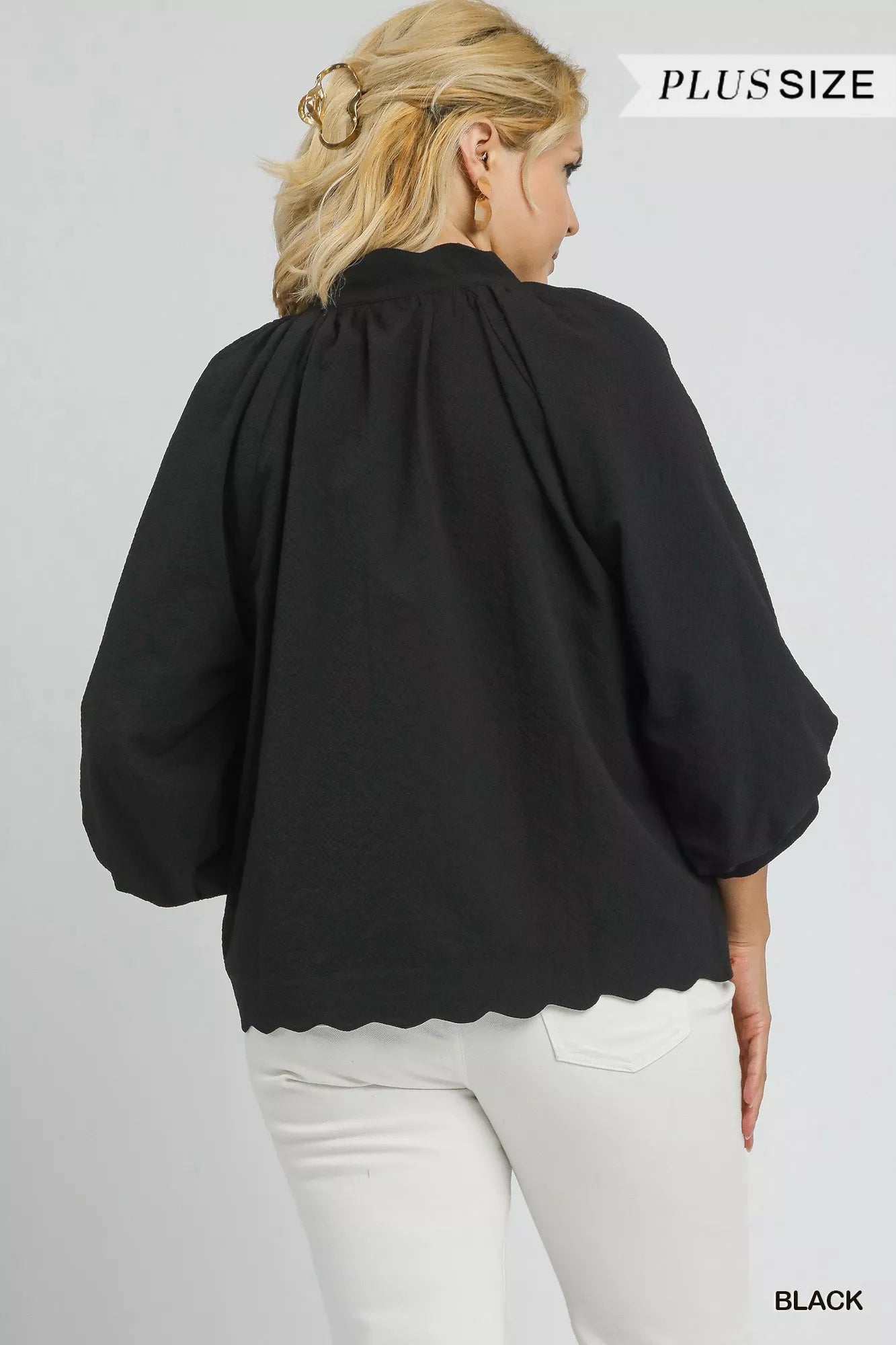 Umgee Full Size Textured Notched Balloon Sleeve Blouse-Blouses-Trendsi-[option4]-[option5]-[option6]-[option7]-[option8]-Shop-Boutique-Clothing-for-Women-Online