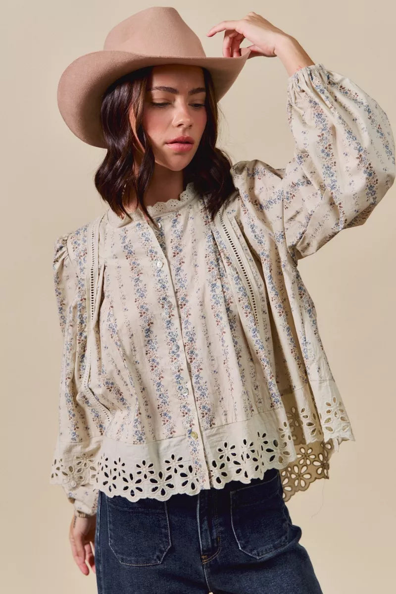SO ME Floral Print Lace Button Down Shirt-Blouses-Trendsi-BLUE-S-[option4]-[option5]-[option6]-[option7]-[option8]-Shop-Boutique-Clothing-for-Women-Online
