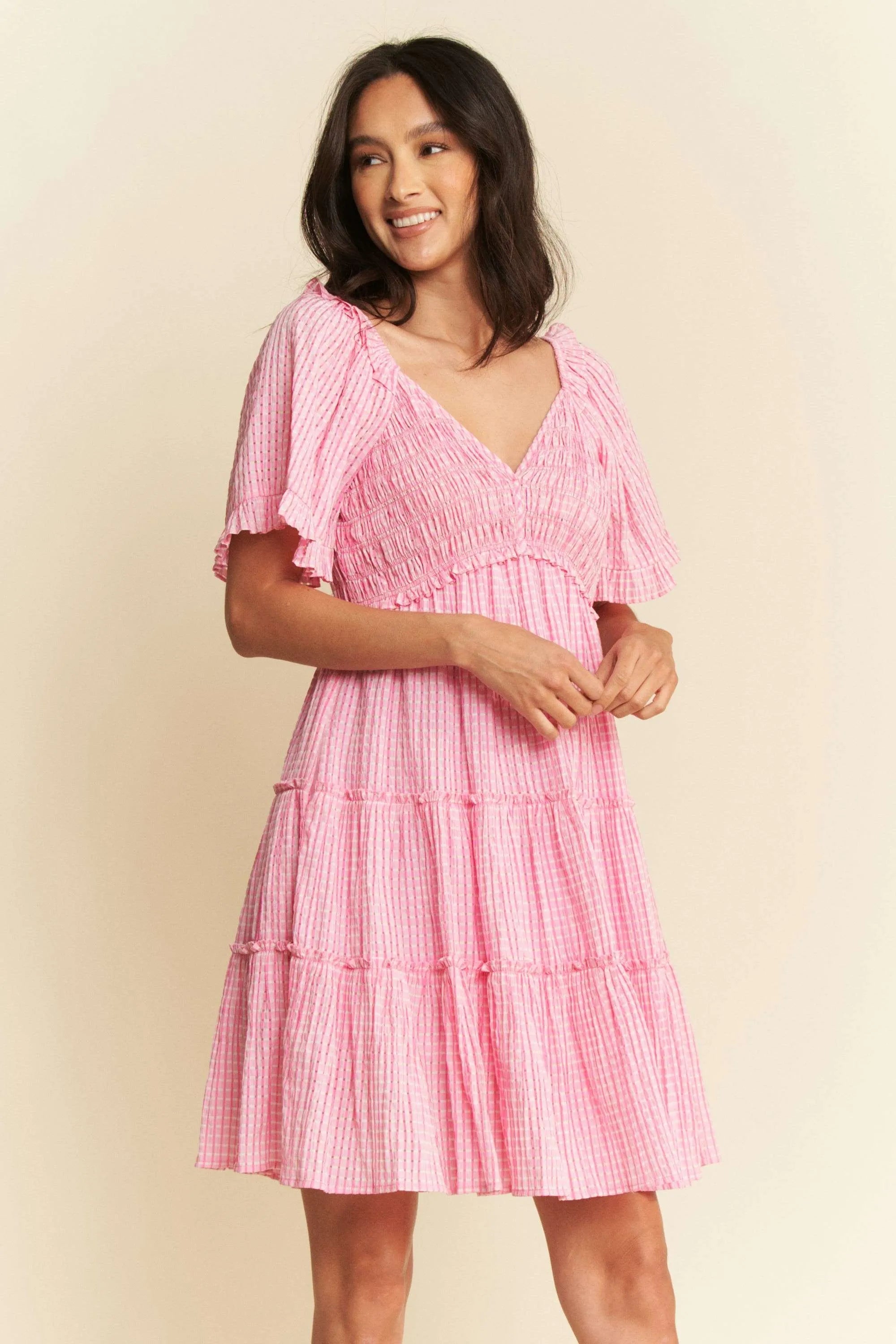 Davi & Dani Jacquard Checker Smocking Tiered Dress-Dresses-Trendsi-[option4]-[option5]-[option6]-[option7]-[option8]-Shop-Boutique-Clothing-for-Women-Online