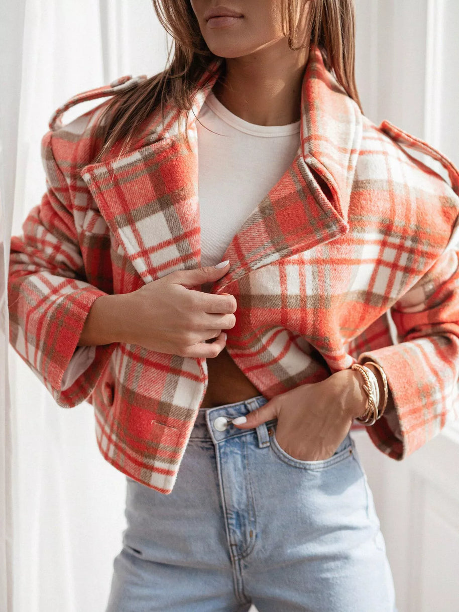 Plaid Lapel Collar Cropped Outerwear-jacket-Trendsi-Orange Plaid-S-[option4]-[option5]-[option6]-[option7]-[option8]-Shop-Boutique-Clothing-for-Women-Online