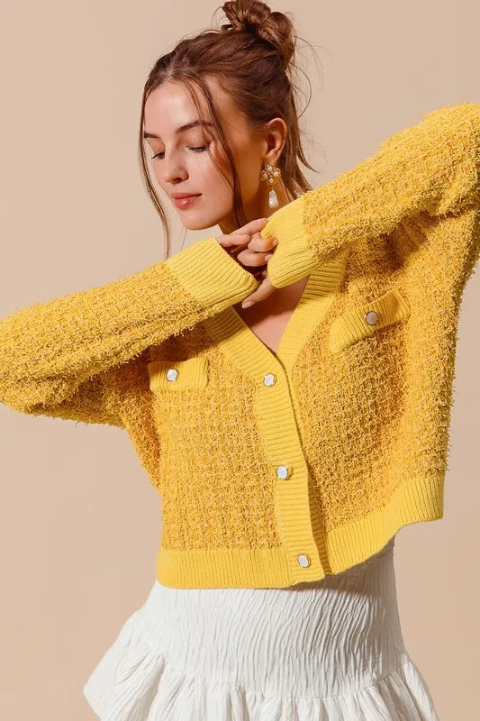 SO ME Frayed Tweed Knit Buttoned Front Cardigan-Cardigan-Trendsi-[option4]-[option5]-[option6]-[option7]-[option8]-Shop-Boutique-Clothing-for-Women-Online