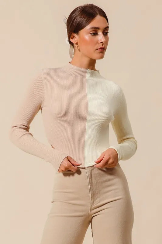 SO ME Color Block Fitted Crop Sweater Top-Sweaters-Trendsi-TAUPE/IVORY-S-[option4]-[option5]-[option6]-[option7]-[option8]-Shop-Boutique-Clothing-for-Women-Online