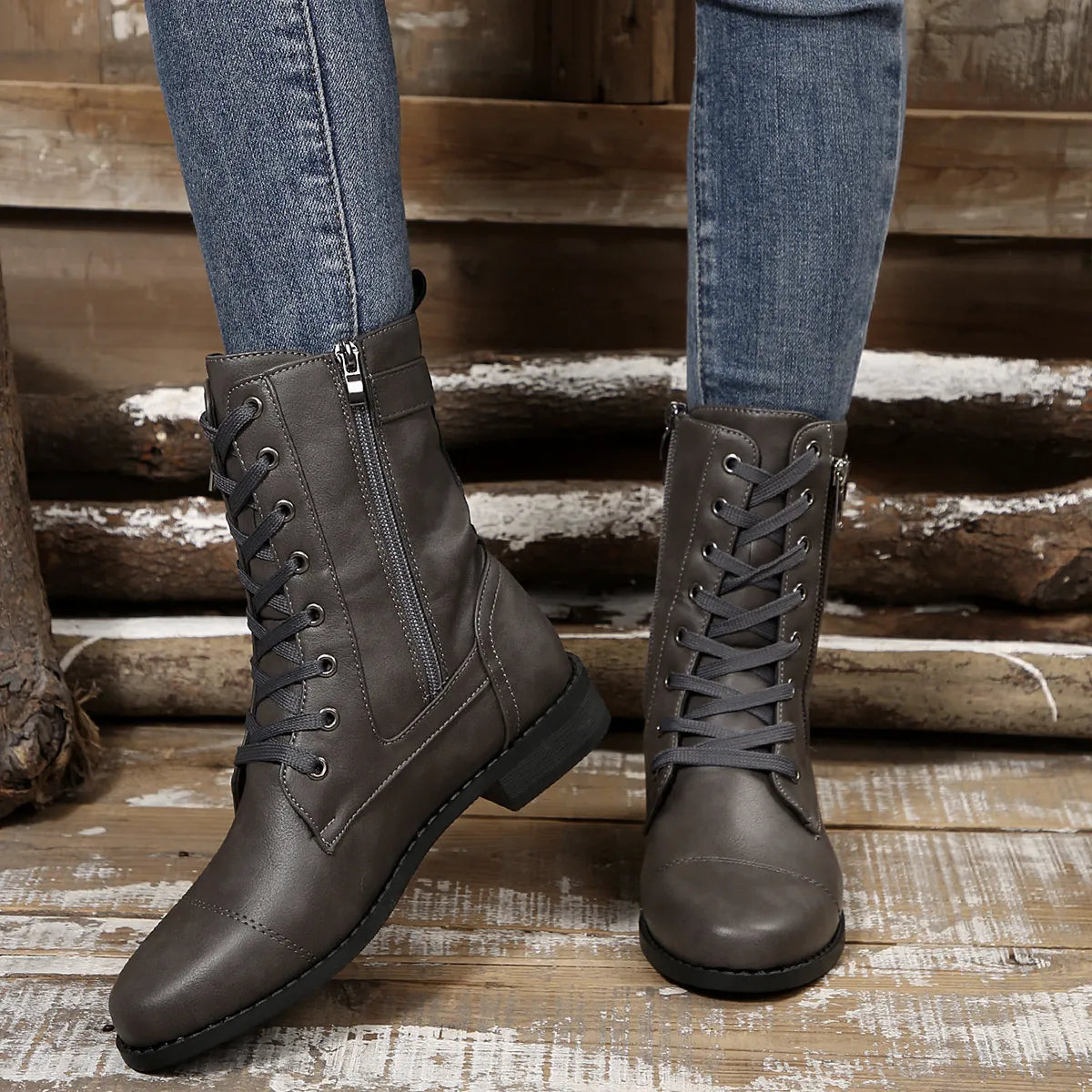 Round Toe Lace Up Block Heels Boots-110 Fashion Boots-Trendsi-Grey-36-[option4]-[option5]-[option6]-[option7]-[option8]-Shop-Boutique-Clothing-for-Women-Online