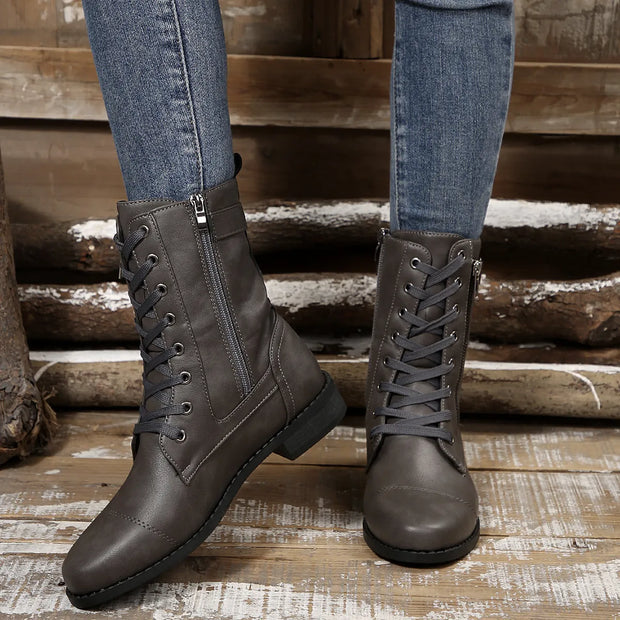 Round Toe Lace Up Block Heels Boots-110 Fashion Boots-Trendsi-Grey-36-[option4]-[option5]-[option6]-[option7]-[option8]-Shop-Boutique-Clothing-for-Women-Online