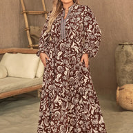 Plus Size Notched Balloon Sleeve Printed Maxi Dress-Dresses-Trendsi-Chocolate-0XL-[option4]-[option5]-[option6]-[option7]-[option8]-Shop-Boutique-Clothing-for-Women-Online