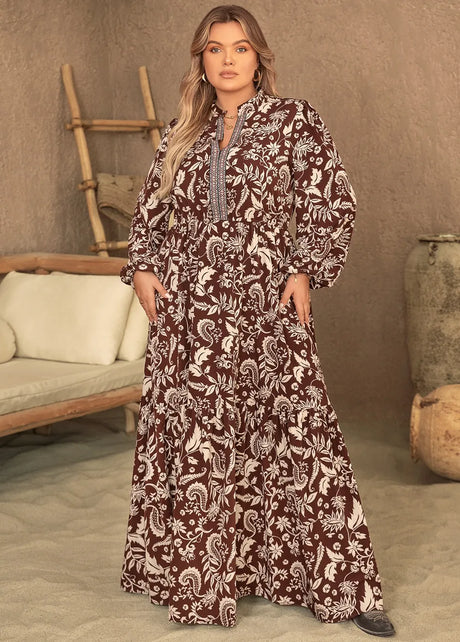 Plus Size Notched Balloon Sleeve Printed Maxi Dress-Dresses-Trendsi-Chocolate-0XL-[option4]-[option5]-[option6]-[option7]-[option8]-Shop-Boutique-Clothing-for-Women-Online