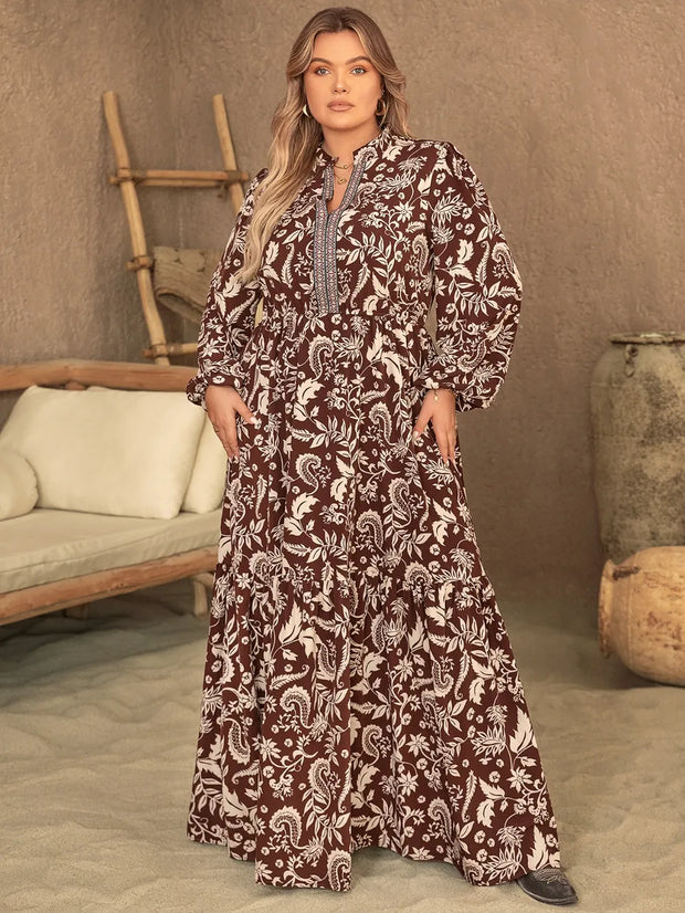 Plus Size Notched Balloon Sleeve Printed Maxi Dress-Dresses-Trendsi-Chocolate-0XL-[option4]-[option5]-[option6]-[option7]-[option8]-Shop-Boutique-Clothing-for-Women-Online