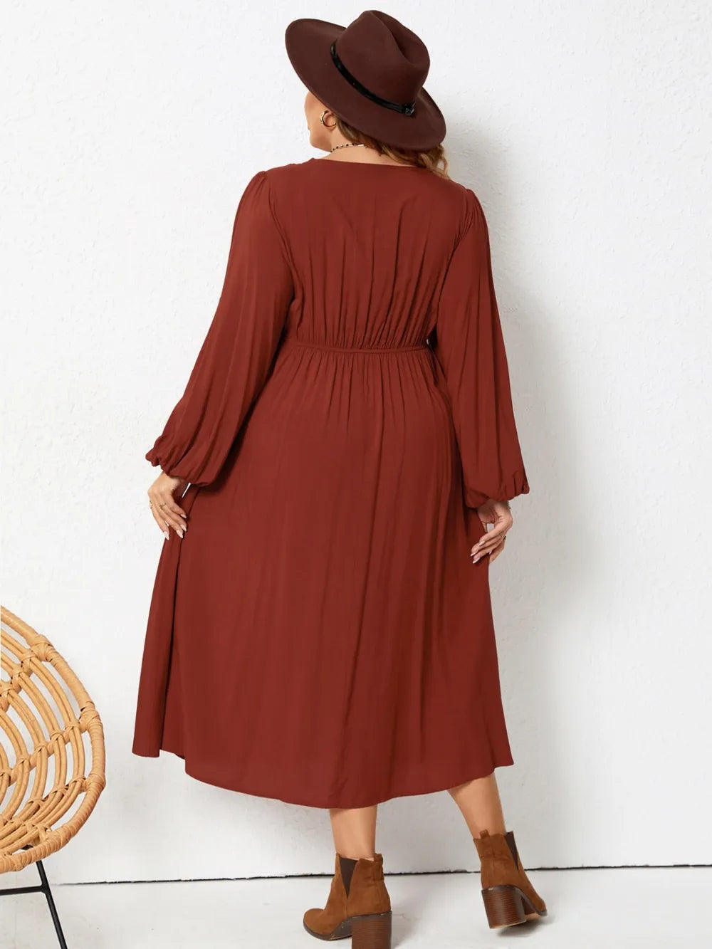 Plus Size Lace Detail V-Neck Balloon Sleeve Dress-Dresses-Trendsi-[option4]-[option5]-[option6]-[option7]-[option8]-Shop-Boutique-Clothing-for-Women-Online
