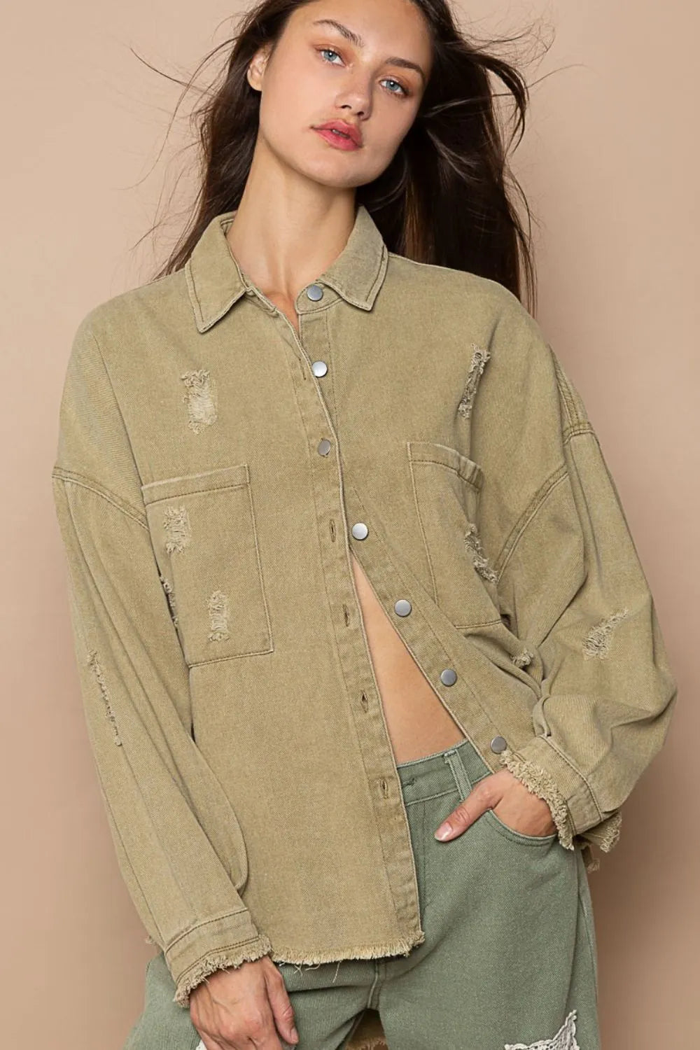 POL Button Down Raw Hem Distressed Shacket-Womens Outerwear/Shacket-Trendsi-Mocha Herb-S-[option4]-[option5]-[option6]-[option7]-[option8]-Shop-Boutique-Clothing-for-Women-Online