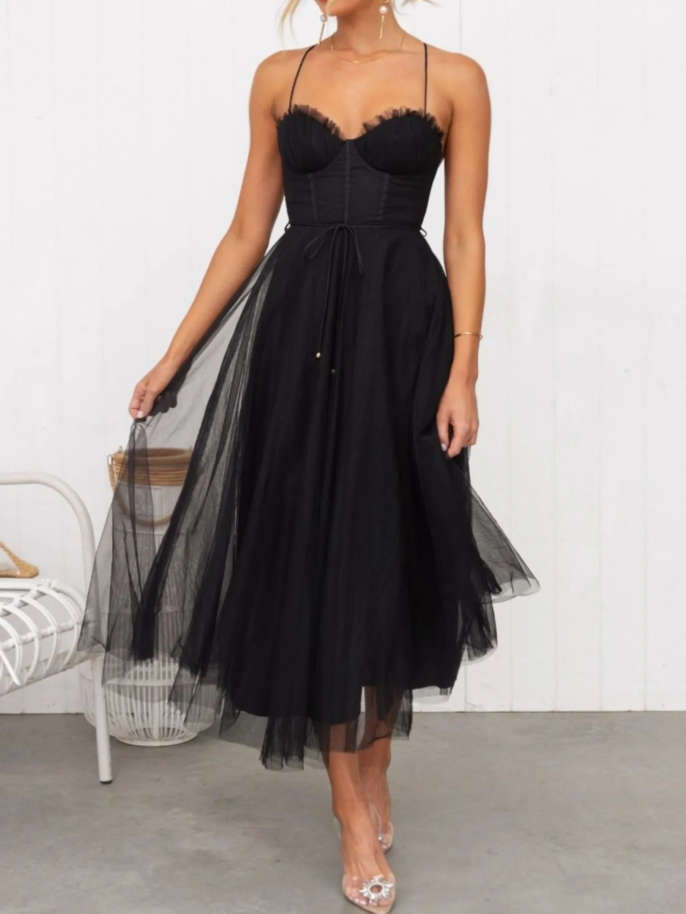 Sweetheart Neck Tulle Midi Dress-Dresses-Trendsi-Black-S-[option4]-[option5]-[option6]-[option7]-[option8]-Shop-Boutique-Clothing-for-Women-Online