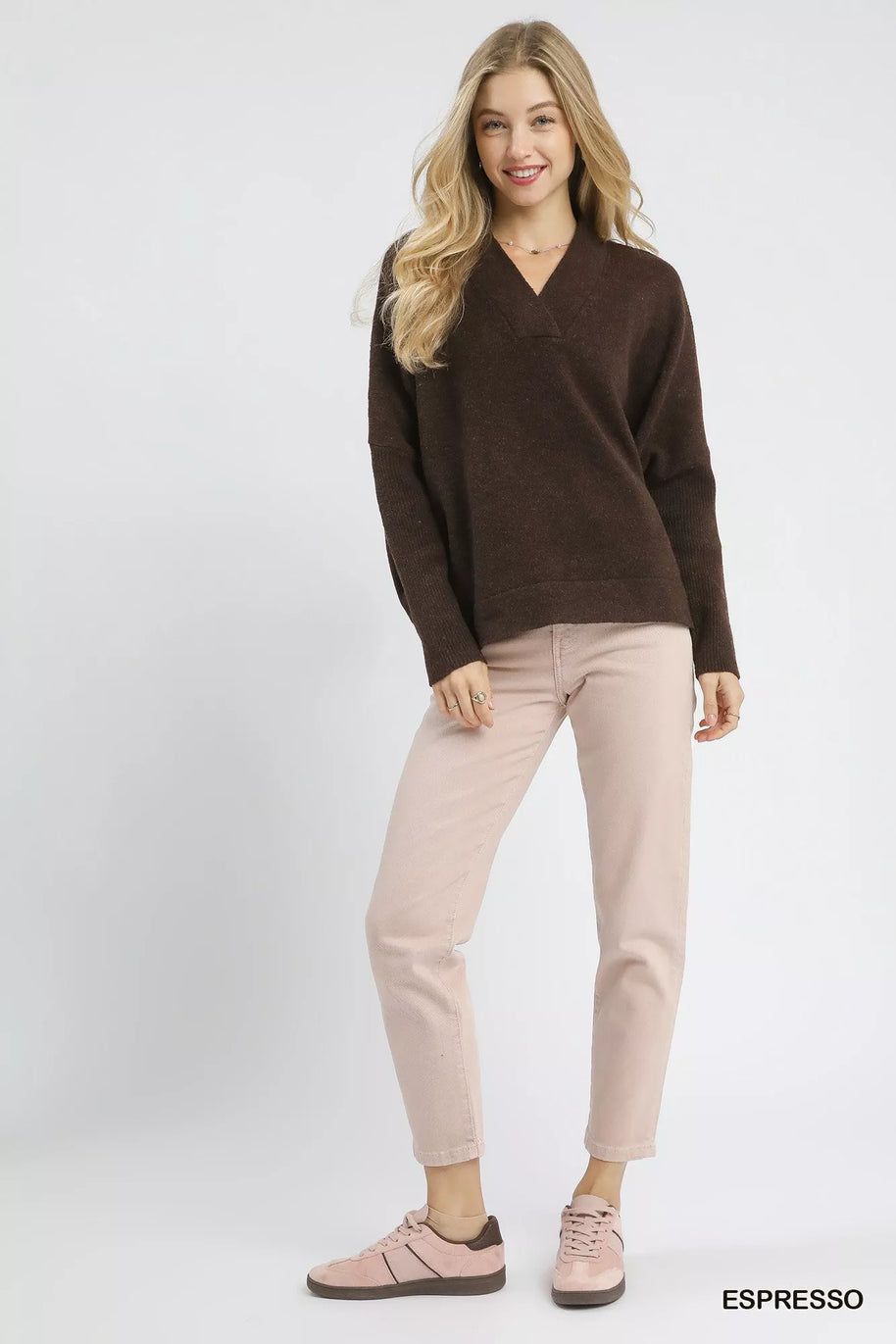 Umgee V-Neck Sweater with Wide Trim Detail-Sweater-Trendsi-[option4]-[option5]-[option6]-[option7]-[option8]-Shop-Boutique-Clothing-for-Women-Online