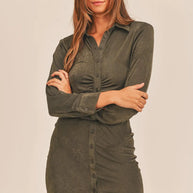 MABLE Front Ruched Button-Down Skinny Mini Shirt Dress-Dresses-Trendsi-Dk Olive-S-[option4]-[option5]-[option6]-[option7]-[option8]-Shop-Boutique-Clothing-for-Women-Online