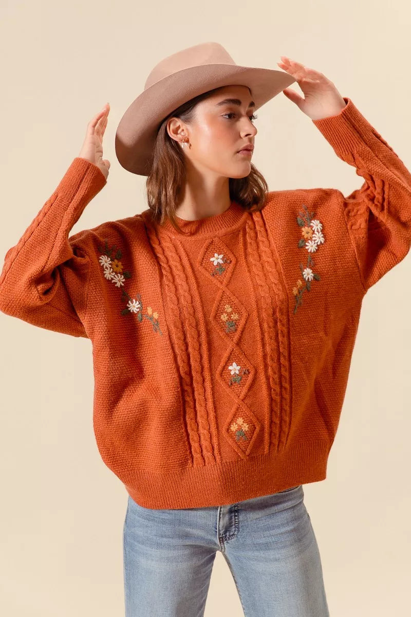 SO ME Embroidered Flower Cable Knitted Sweater-Sweaters-Trendsi-BRICK-S-[option4]-[option5]-[option6]-[option7]-[option8]-Shop-Boutique-Clothing-for-Women-Online