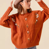 SO ME Embroidered Flower Cable Knitted Sweater-Sweaters-Trendsi-BRICK-S-[option4]-[option5]-[option6]-[option7]-[option8]-Shop-Boutique-Clothing-for-Women-Online